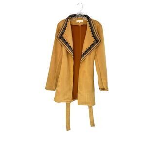 Anthropologie Solitaire Yellow Embroidered Vegan Suede Duster Jacket Medium